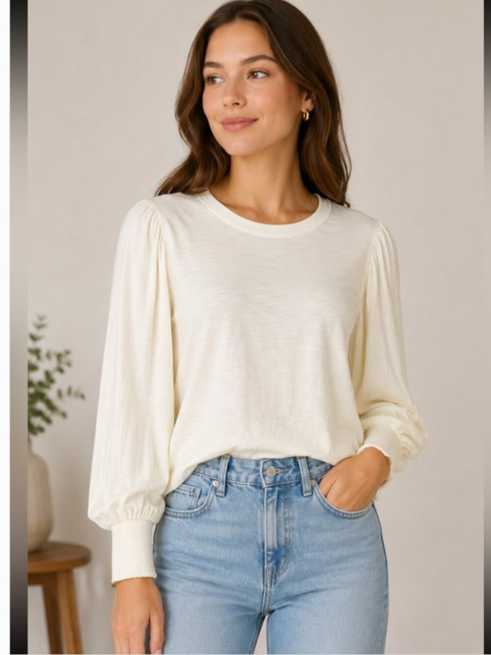 Nation LTD Los Angeles Loren Drama Top in Cream Cotton Puff Sleeves Shirt M